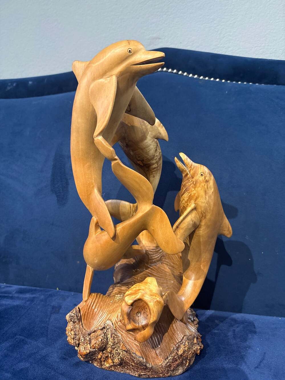 Vintage Solid Wood Dolphin Family Art Sculpture Hand Carved Heavy Hardwood 12"